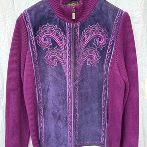 Bob Mackie Sweater Jacket Embroidered Leather Suede Wearable Art Purple Zip-Up